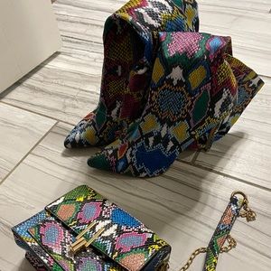 Multicolored Knee High Boots with Matching Purse